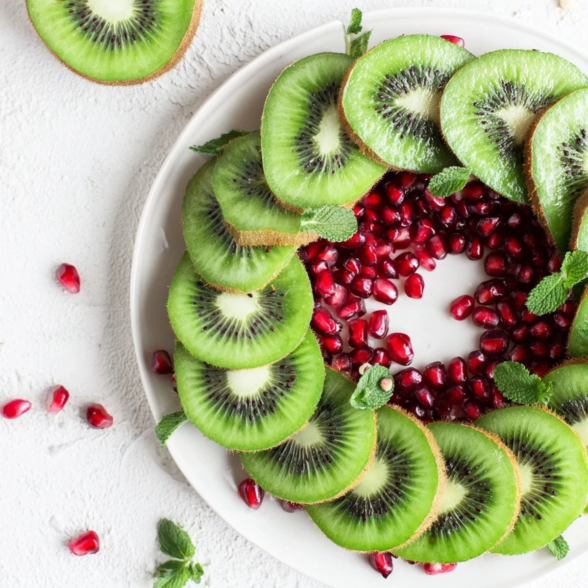 Vibrant photo of a kiwi and pomegranate Christmas wreath, showcasing glistening pomegranate seeds scattered on kiwi slices.
