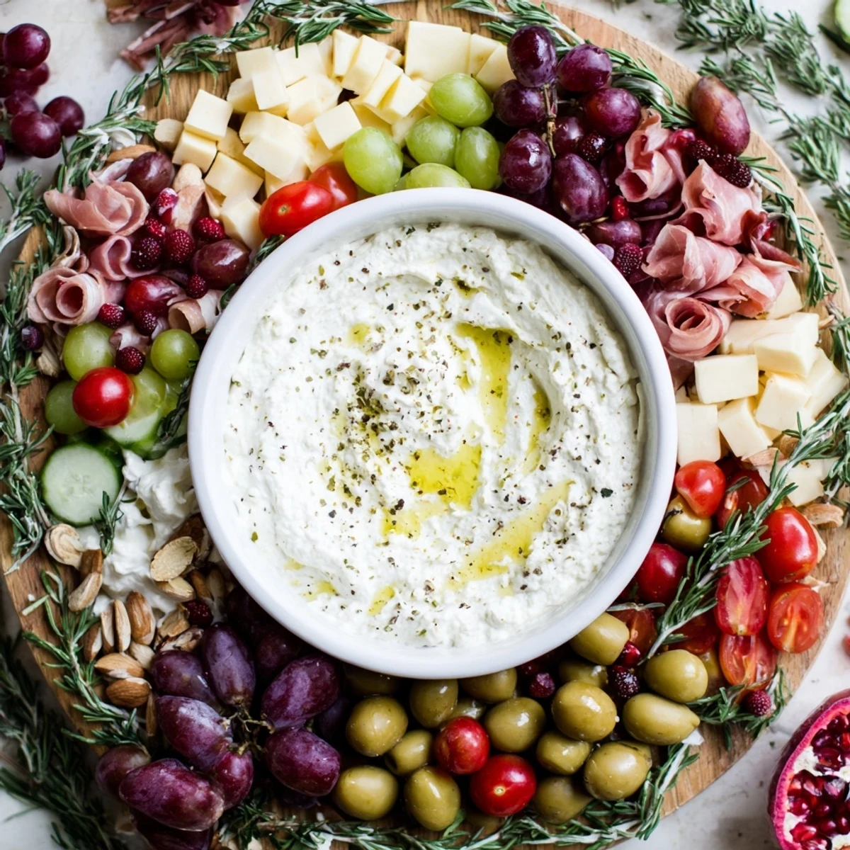 Delicious holiday-ready The Evergreen Wreath Board arrangement: fresh flavors mixed for serving at gatherings.