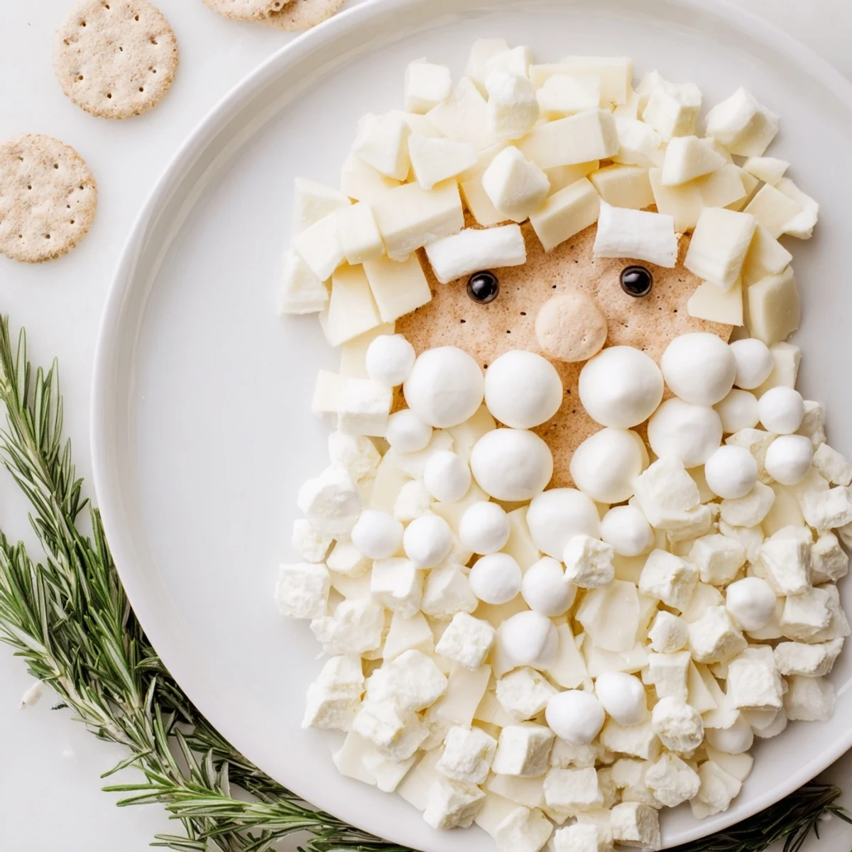 Festive Santa's Beard and Hat Board appetizer featuring creamy cheeses, cured meats, and crackers for a fun holiday spread.