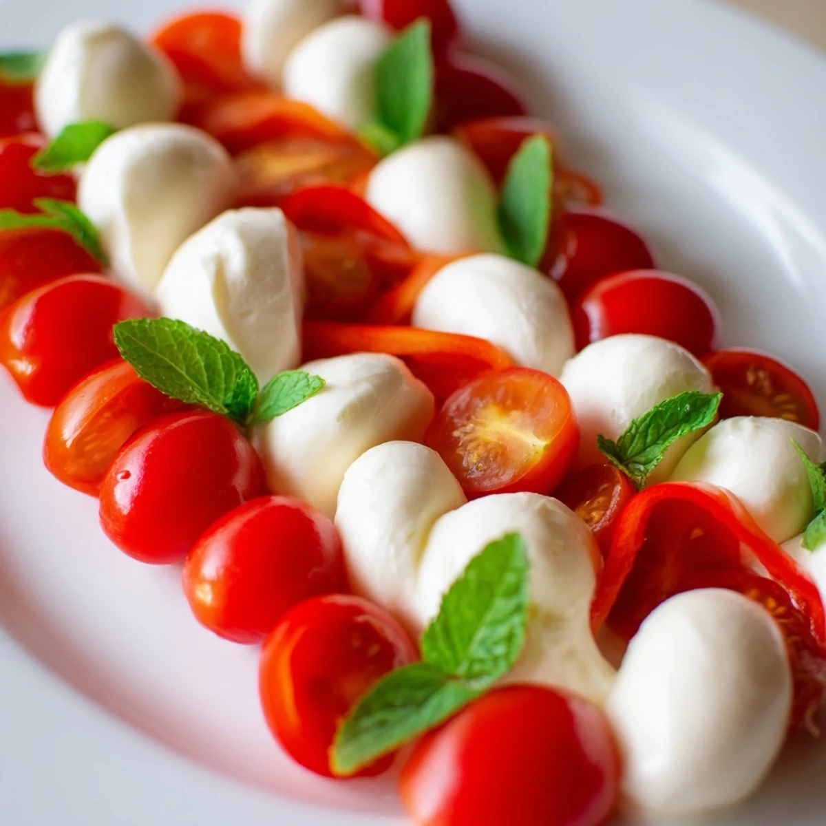 Festive peppermint stripe celebration platter with mozzarella, berries, and mint inviting flavors.