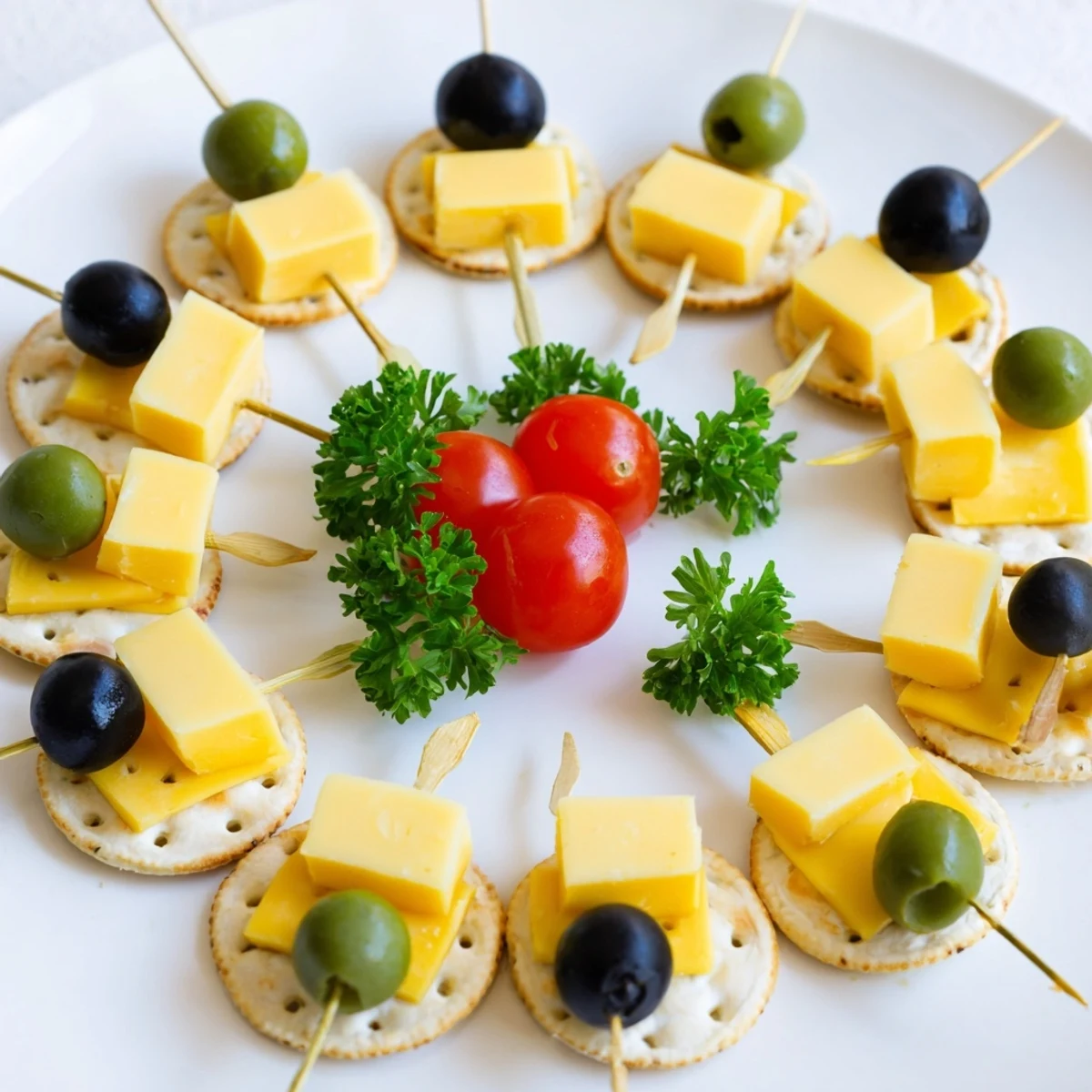 Festive New Year's Clock Countdown appetizer, featuring a clock face made from crackers and olives.