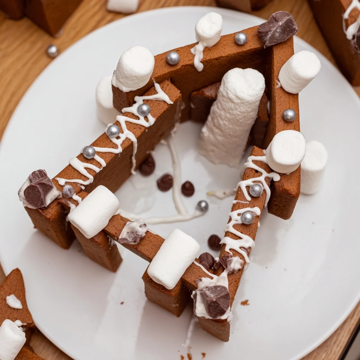 Golden-brown gingerbread house frame with white icing and candies, perfect for Christmas dessert display.