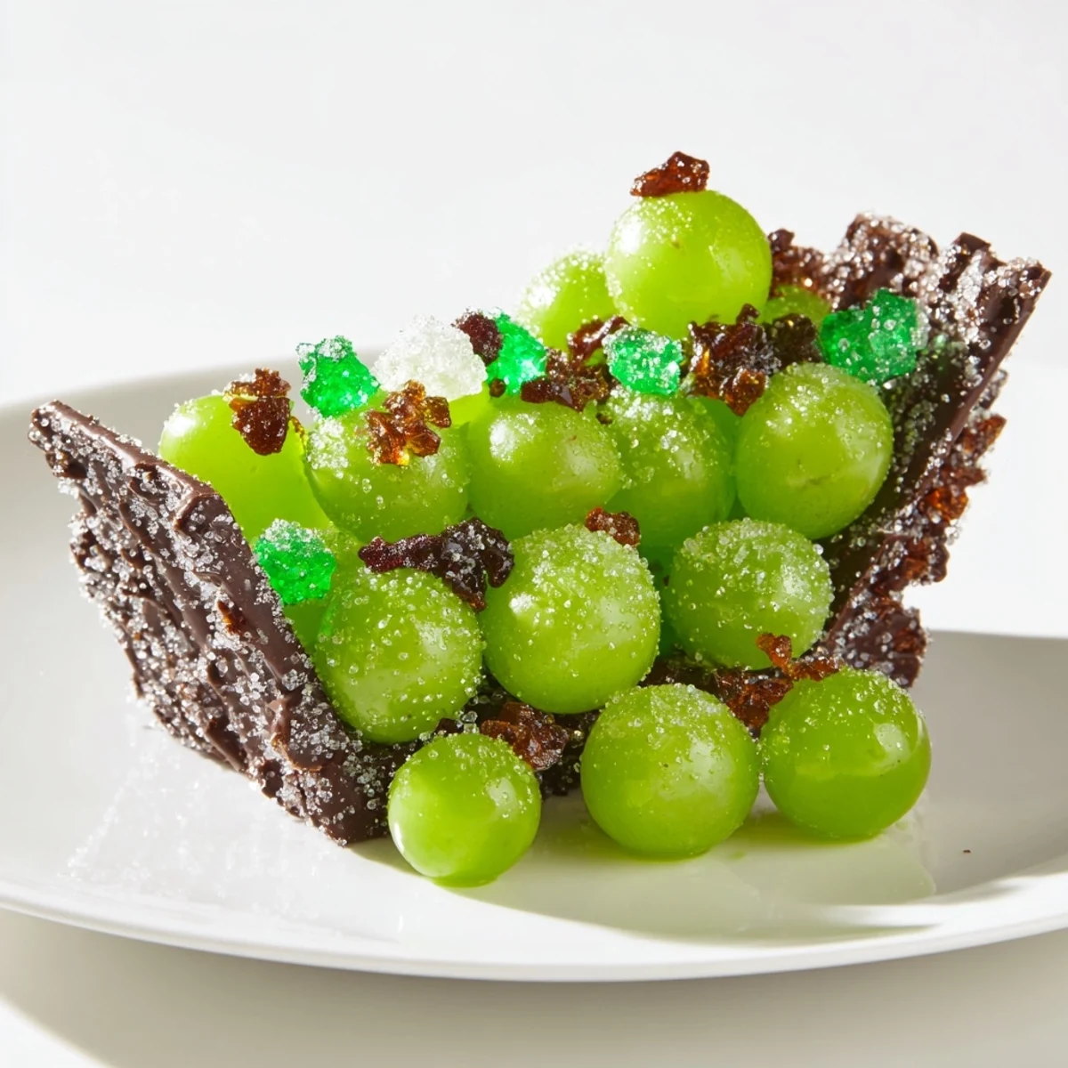 Sugared grapes and rock candy sparkle invitingly inside The Crystal Cave made of dark chocolate.
