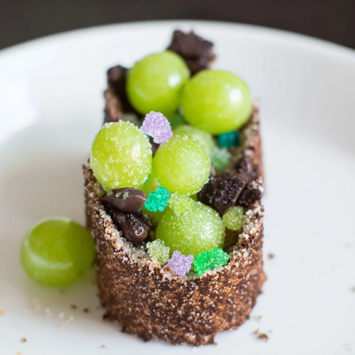 This whimsical The Crystal Cave dessert features glistening sugared grapes nestled in a cracker cave structure.