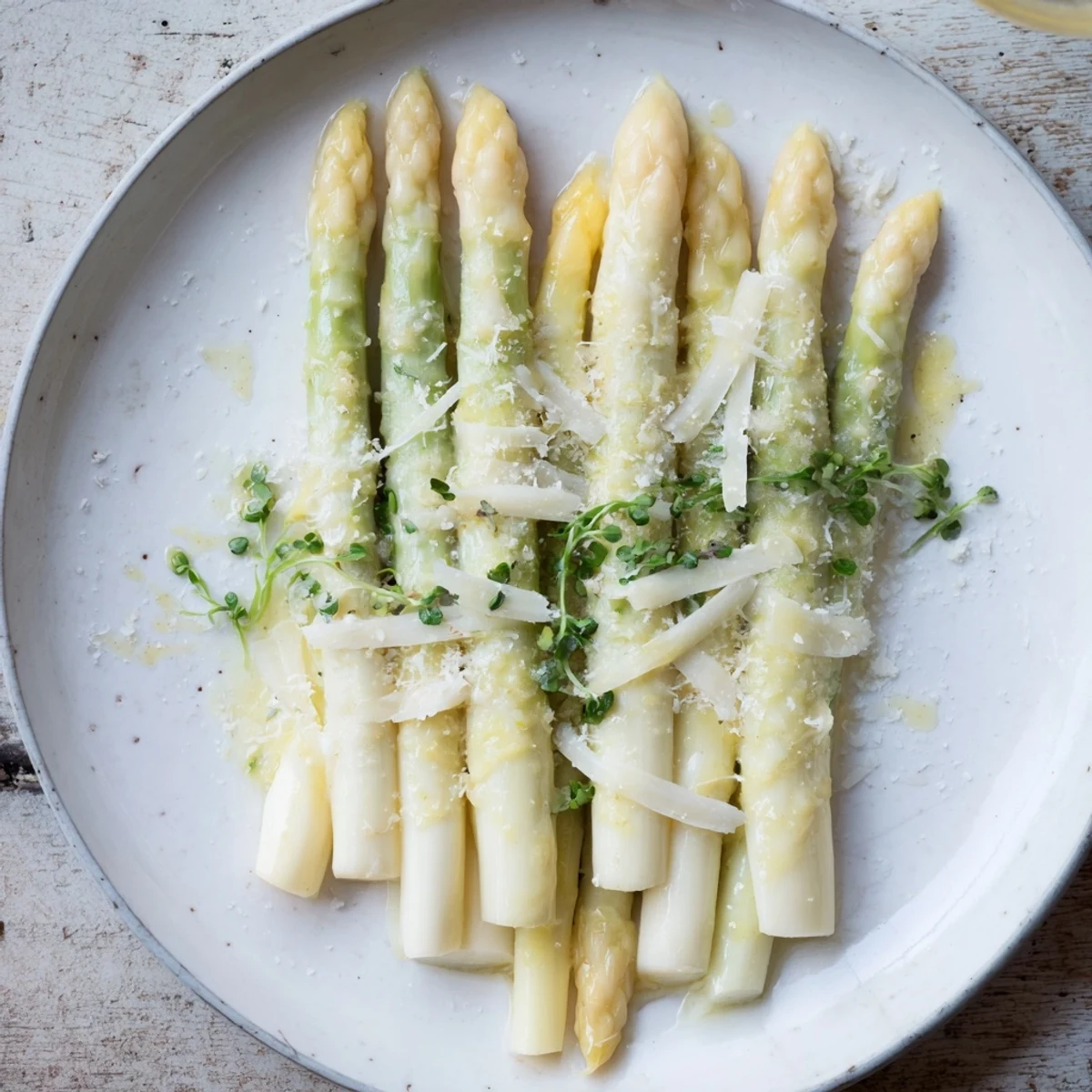Elegant The Silver Birch salad with fresh white asparagus, creamy burrata, and earthy truffle shavings.