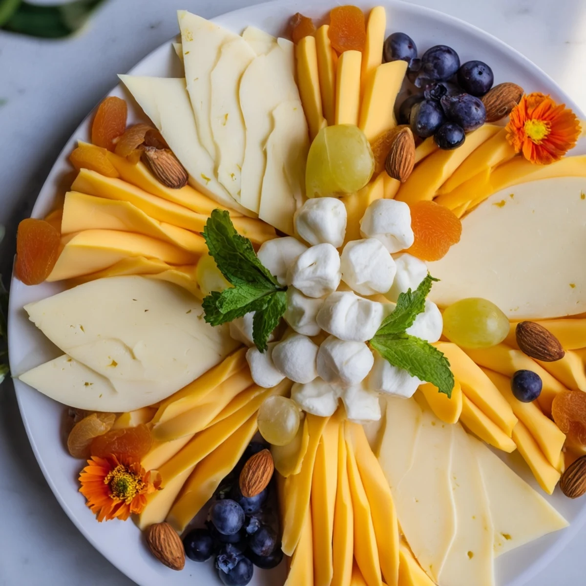 Daffodil Cheese Board featuring vibrant cheddar petals with fruit, nuts, and crackers for spring entertaining.