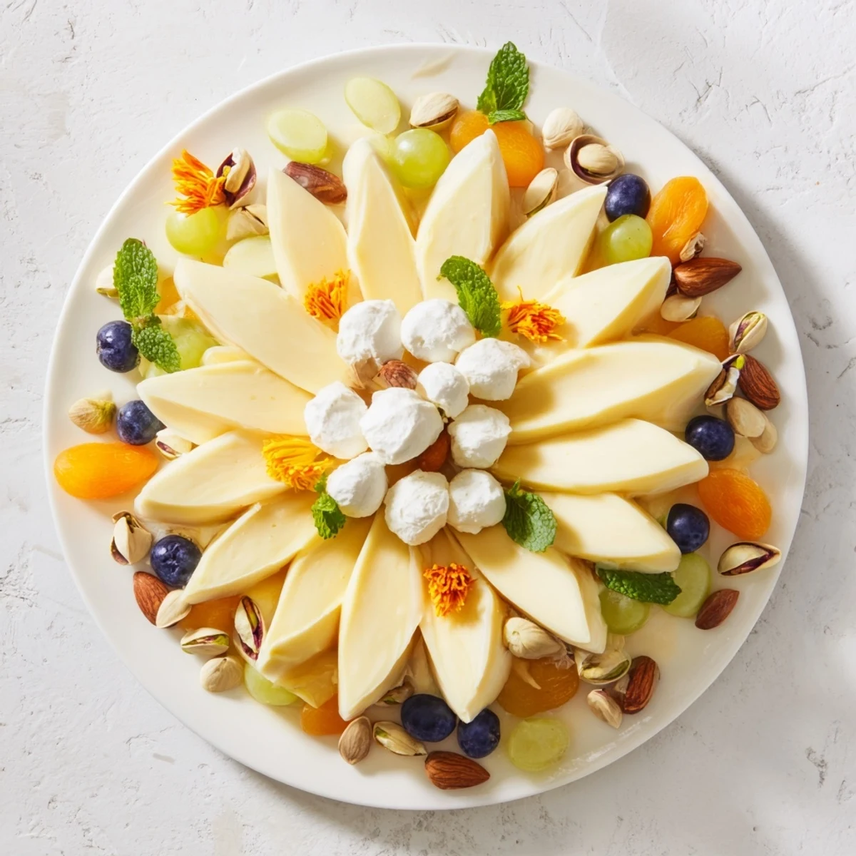 Beautifully arranged Daffodil Cheese Board; imagine the colorful cheddar, goat cheese, and crackers for serving.
