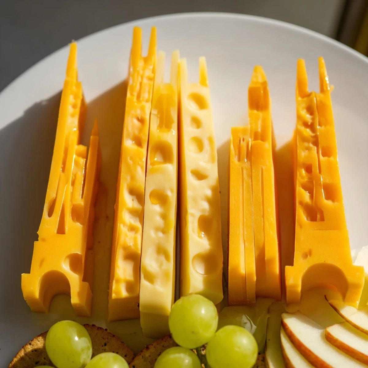 Cheese skyline silhouette appetizer, featuring cheddar, Gruyère, and colorful fruit alongside crisp crackers.