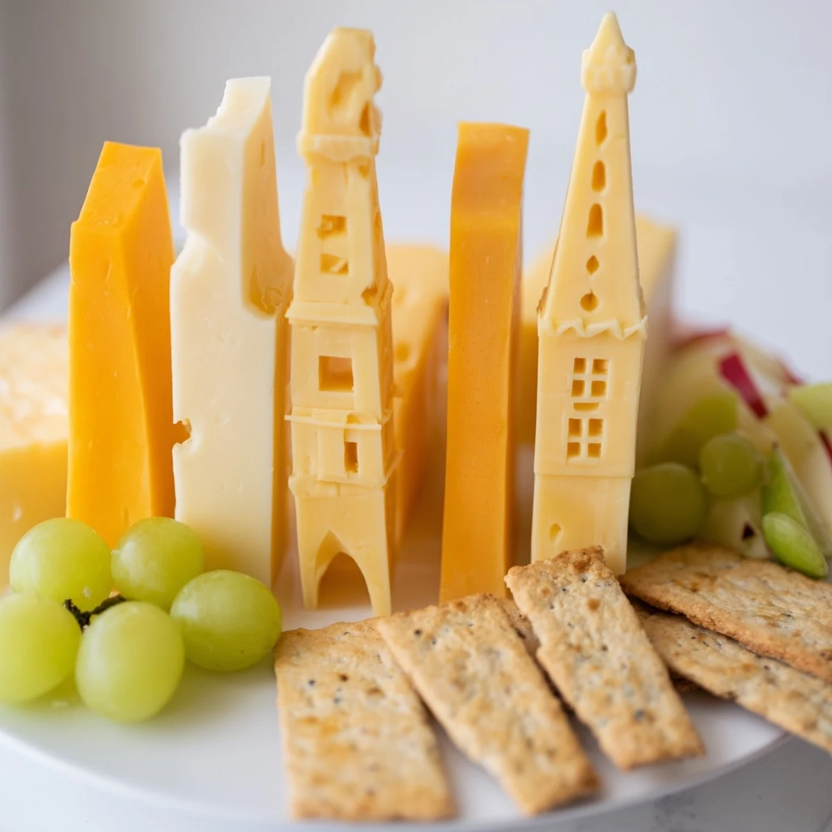 A visually striking Skyline Silhouette cheese platter includes edible building silhouettes, fruits, and crackers for serving.