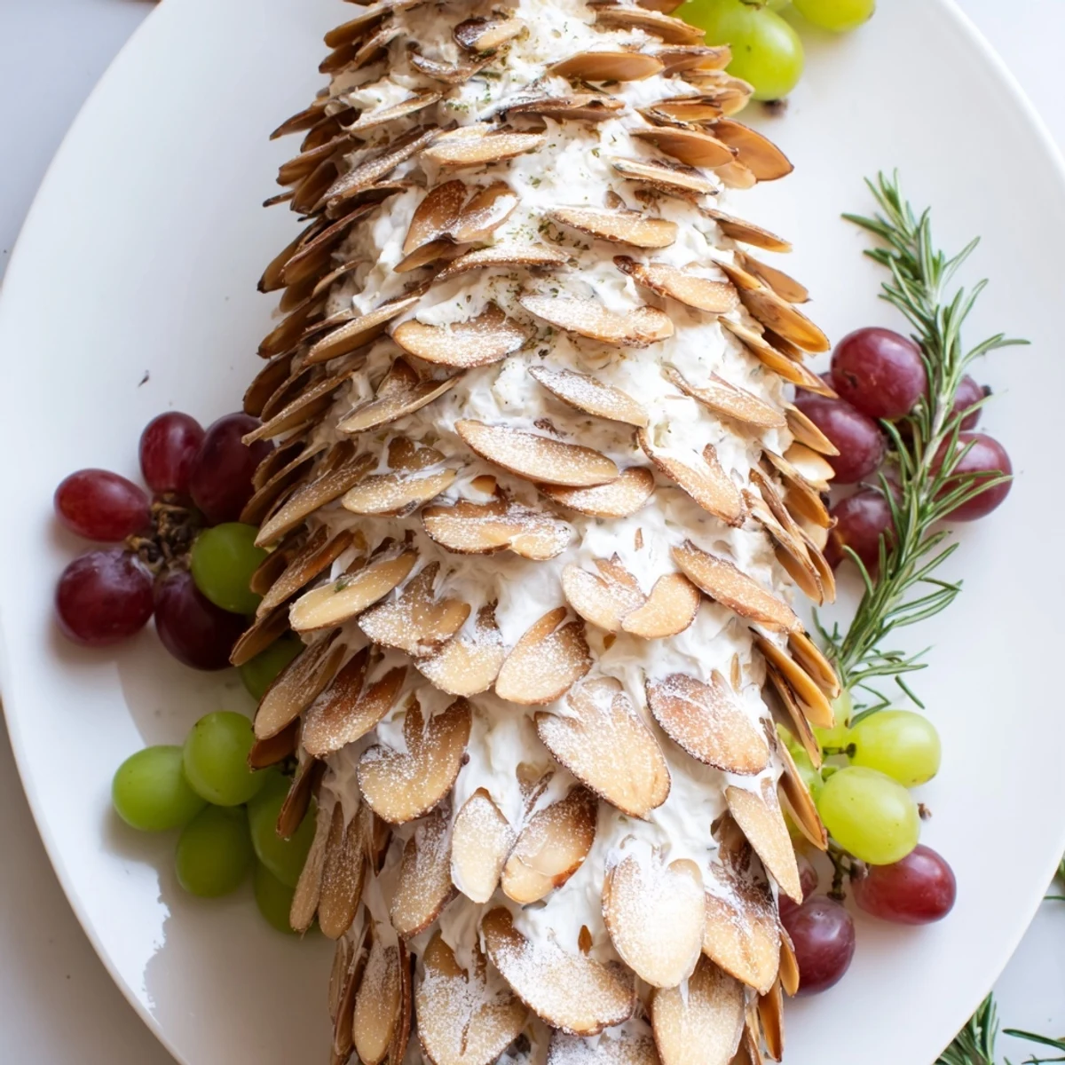 Snowy Pinecone Centerpiece displays a festive, impressive appetizer with cheese and almond scales, dusted with sugar.