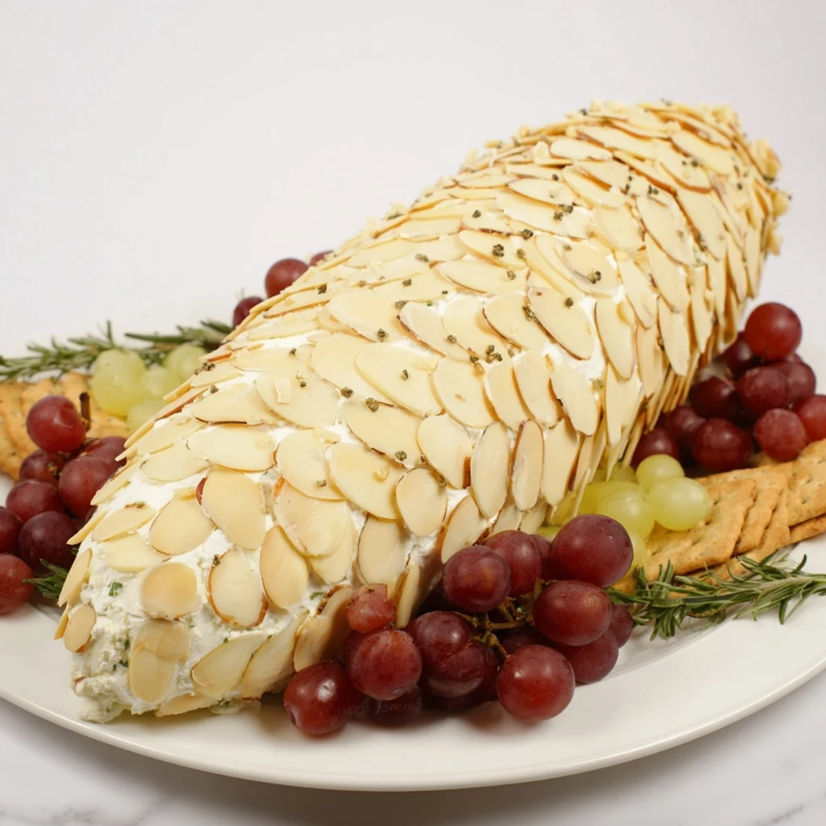This edible Snowy Pinecone Centerpiece, garnished with grapes, is ready for your winter holiday table.