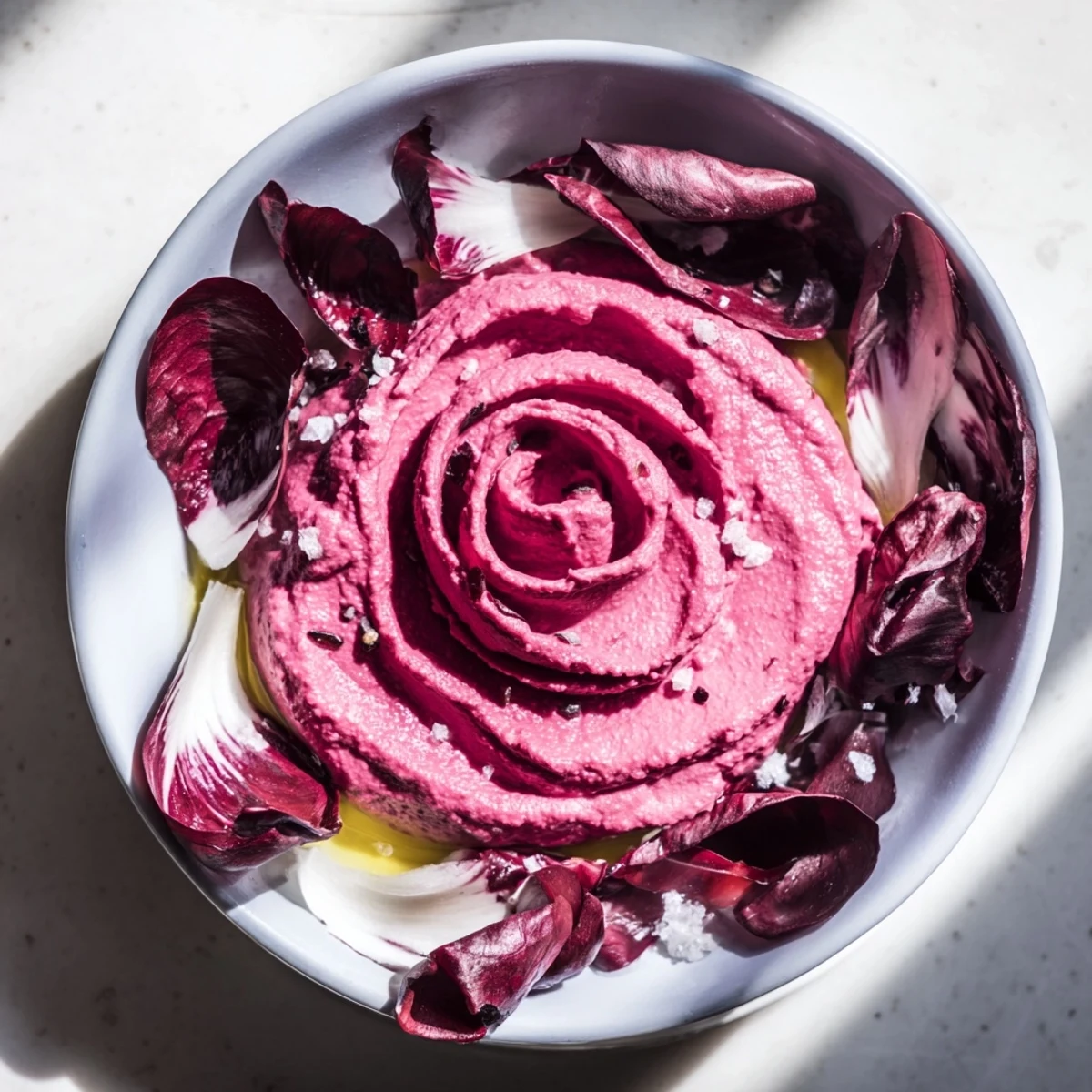 Vibrant The Velvet Rose appetizer with red beet hummus swirled like a blooming rose, served with radicchio.