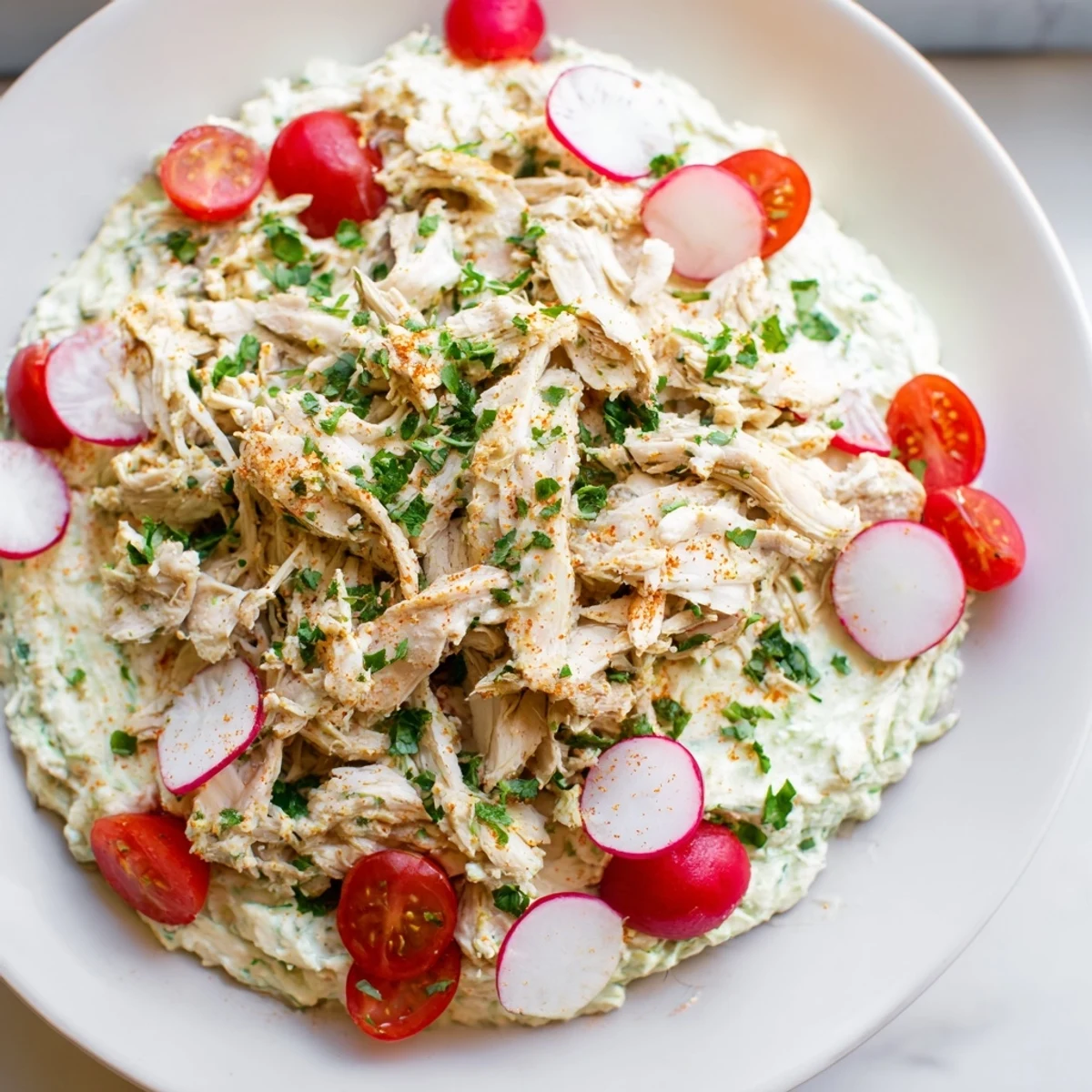 Enjoy a layered view of the delicious Green Goddess Chicken Nacho Dip with toppings, ready for sharing.