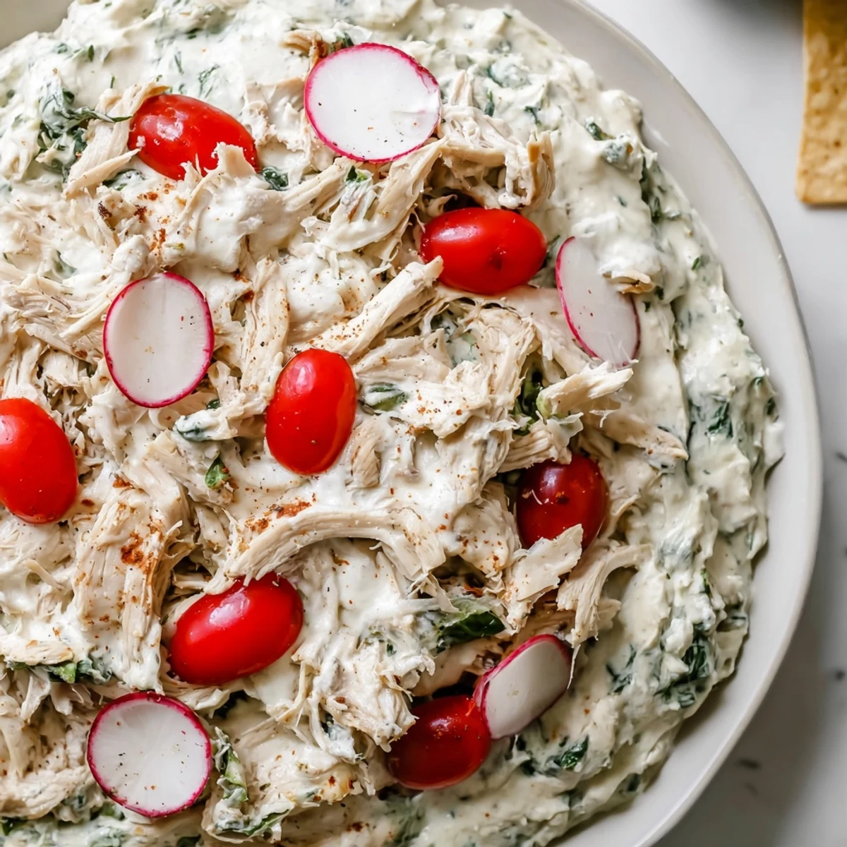 A close-up shot of the savory Green Goddess Chicken Nacho Dip, loaded with fresh herbs and tender chicken.