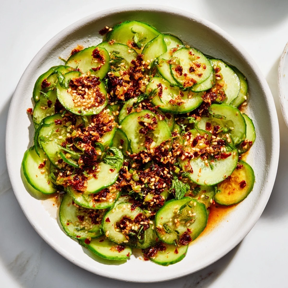 Crisp, refreshing Cucumber Shaker Salad with chili crisp, ready to eat alongside grilled meats; vibrant colors.