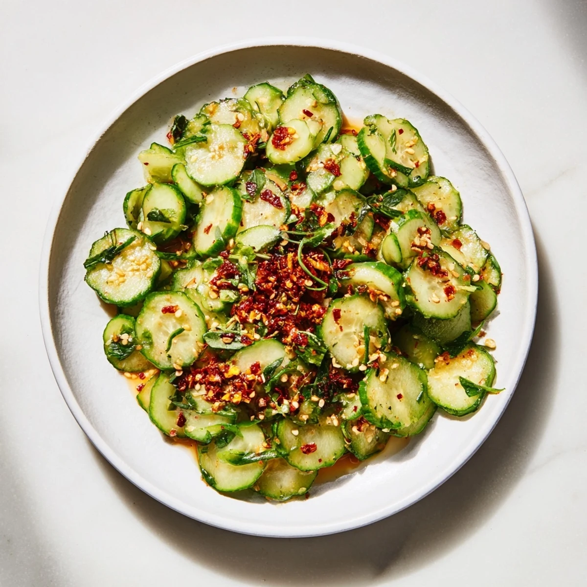 A close-up of a Cucumber Shaker Salad, showing the bright crunch and spicy chili crisp garnish.