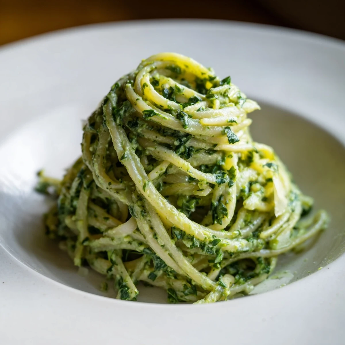 Creamy Green Goddess Pasta Sauce coats linguine, a vibrant vegetarian meal, ready to serve.
