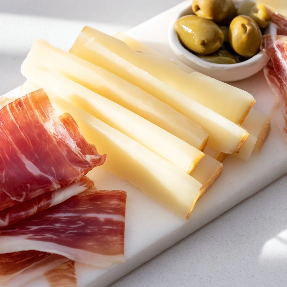 Elegant cheese board showcasing the Minimalism Master: aged Comté, Iberian ham, and olives, ready to serve.