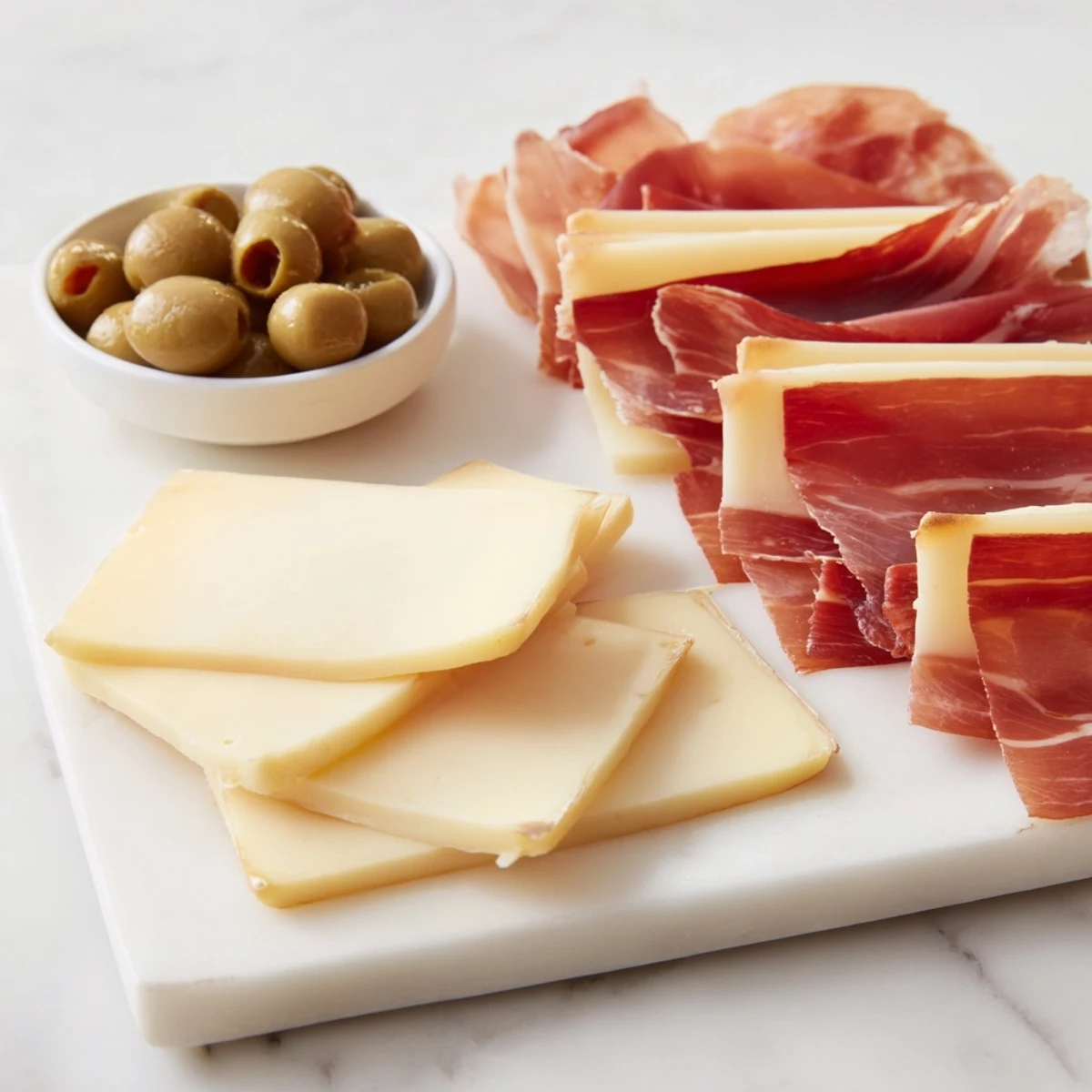 A gorgeous Minimalism Master cheese board with carefully arranged Comté, Jamón Ibérico, and green olives.
