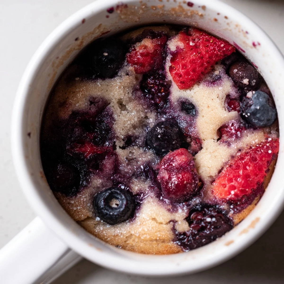 Warm Mixed Berry Cobbler Mug Cake, showing the golden baked cobbler topping the bubbling berries, ready for serving.