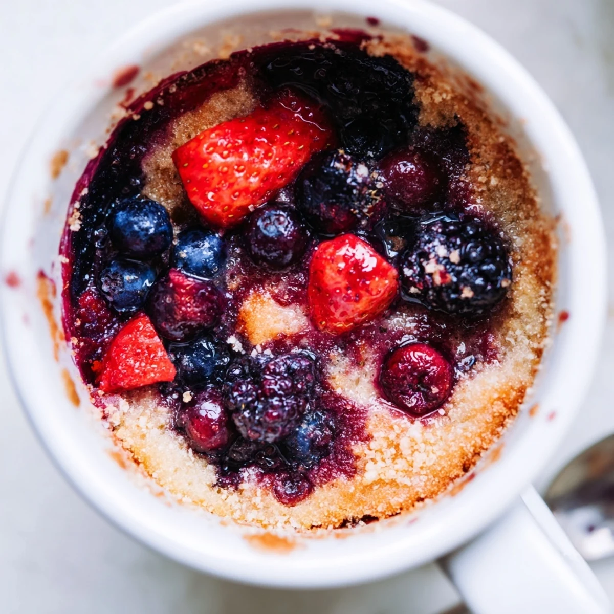 Close-up shot shows a Mixed Berry Cobbler Mug Cake in a mug, the tender cobbler coating fresh berries perfectly.