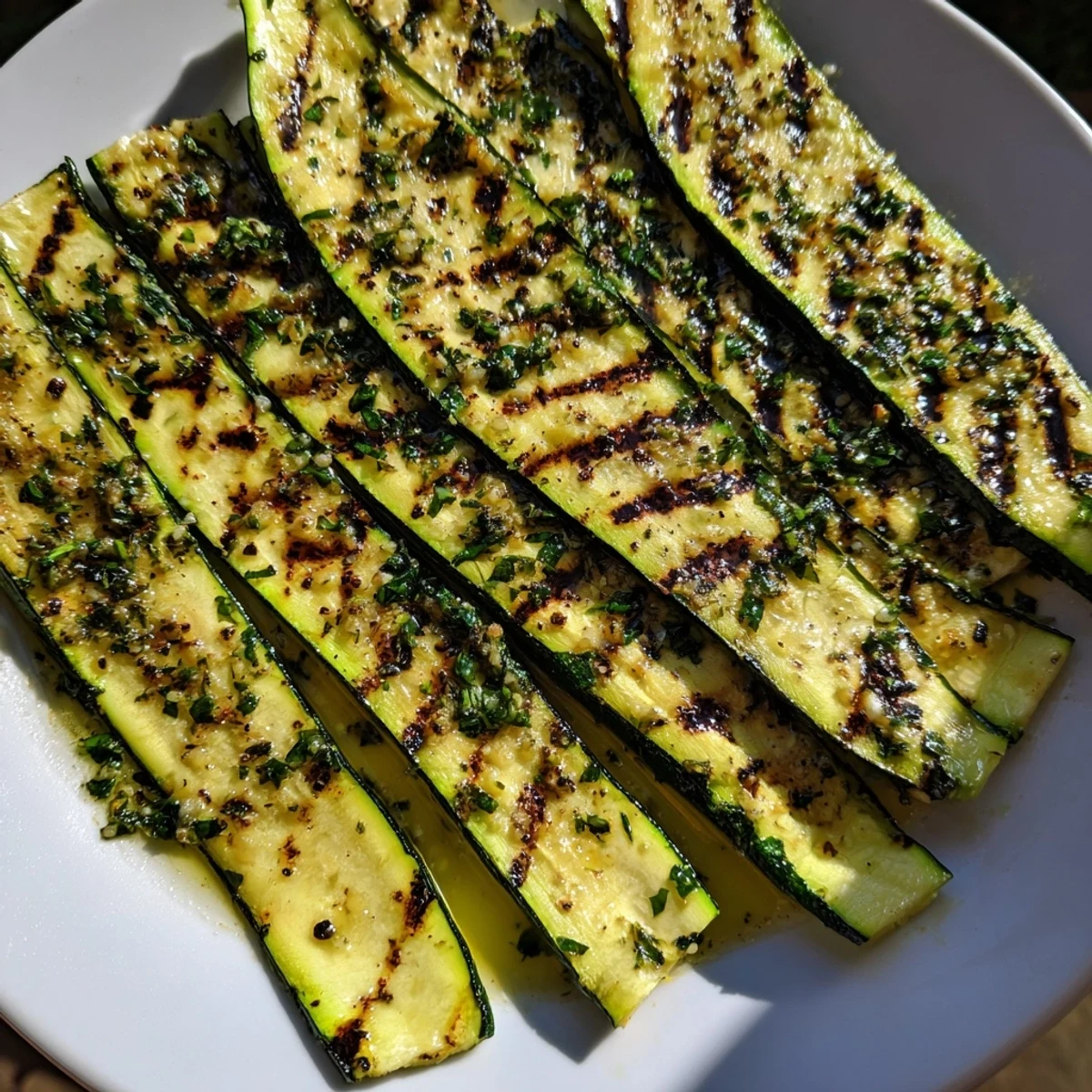 Freshly grilled Garlic Herb Zucchini arranged on a platter, side by side, ready to be enjoyed as a summer side.