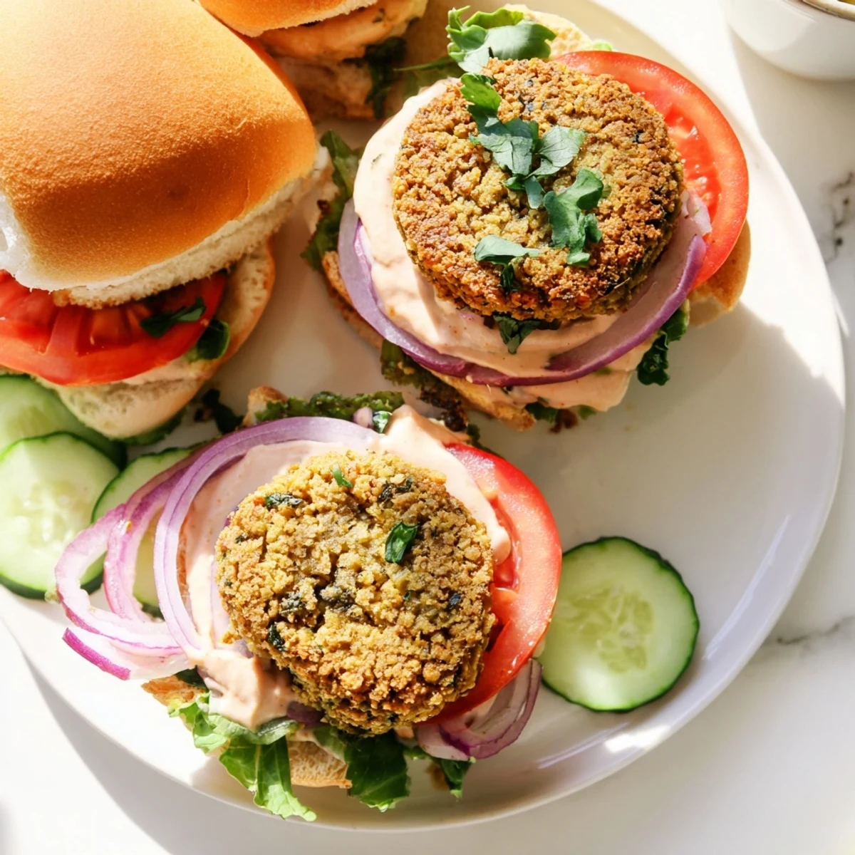 Freshly assembled baked falafel sliders, featuring vibrant veggies, perfect for a vegetarian meal.