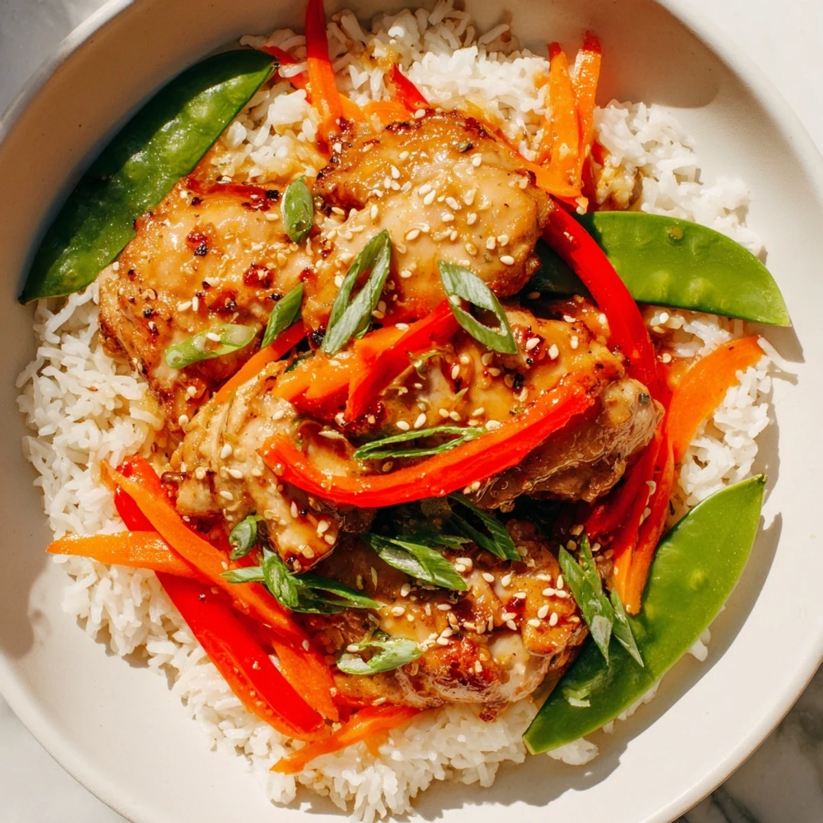 Steaming Sesame Ginger Rice Bowl with chicken, colorful vegetables, and a glossy, flavorful sauce.