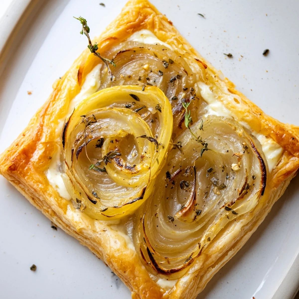 Perfectly baked, the savory Caramelized Onion Tart displays a golden crust and bubbly cheese.