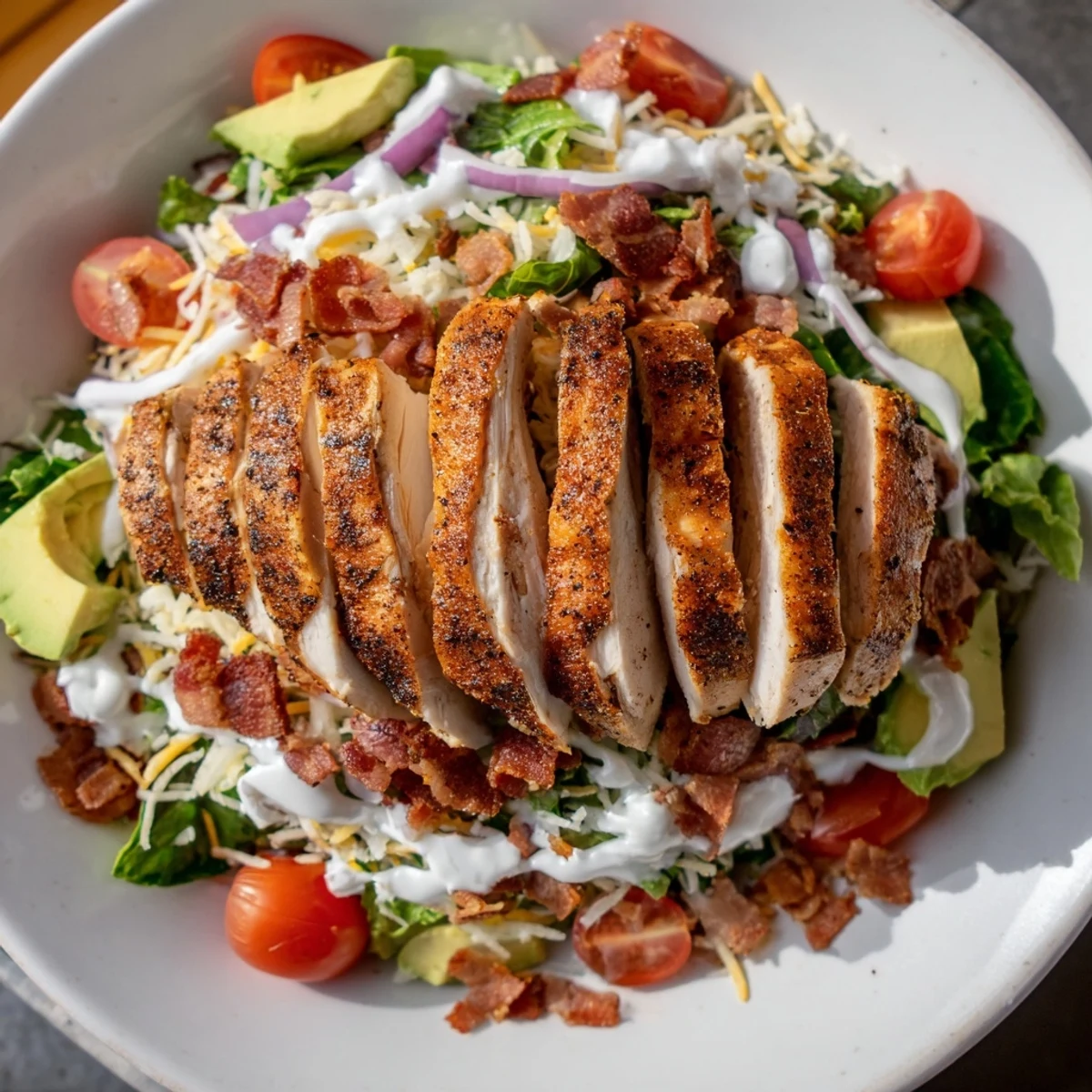 Enjoy a refreshing and flavorful Crispy Bacon Chicken Salad with tender chicken, crisp bacon, and a vibrant flavor profile.