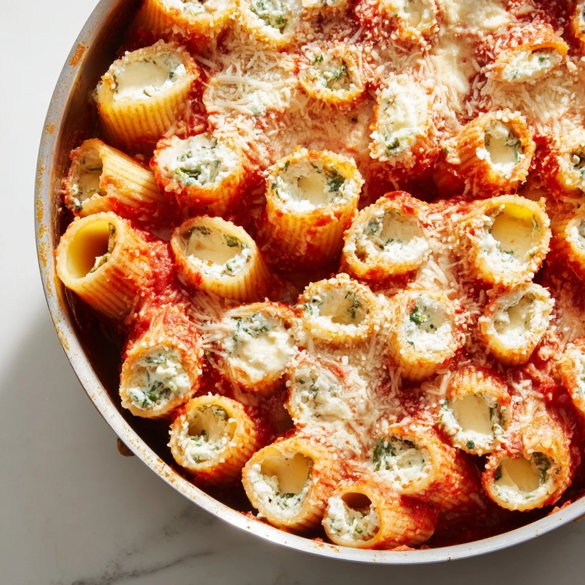 A close-up view of the golden, bubbly Honeycomb Pasta Bake, ready to serve with fragrant herbs.