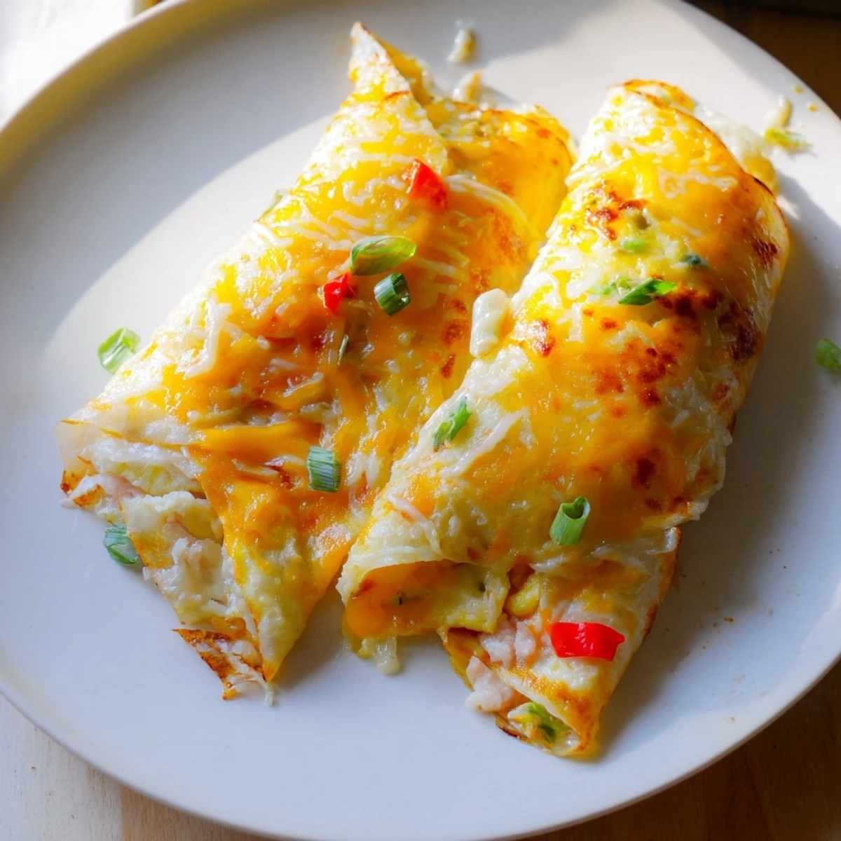 A close-up of a perfectly cooked Rice Paper Egg Cheese Wrap, showing the bubbly, melted cheese inside.
