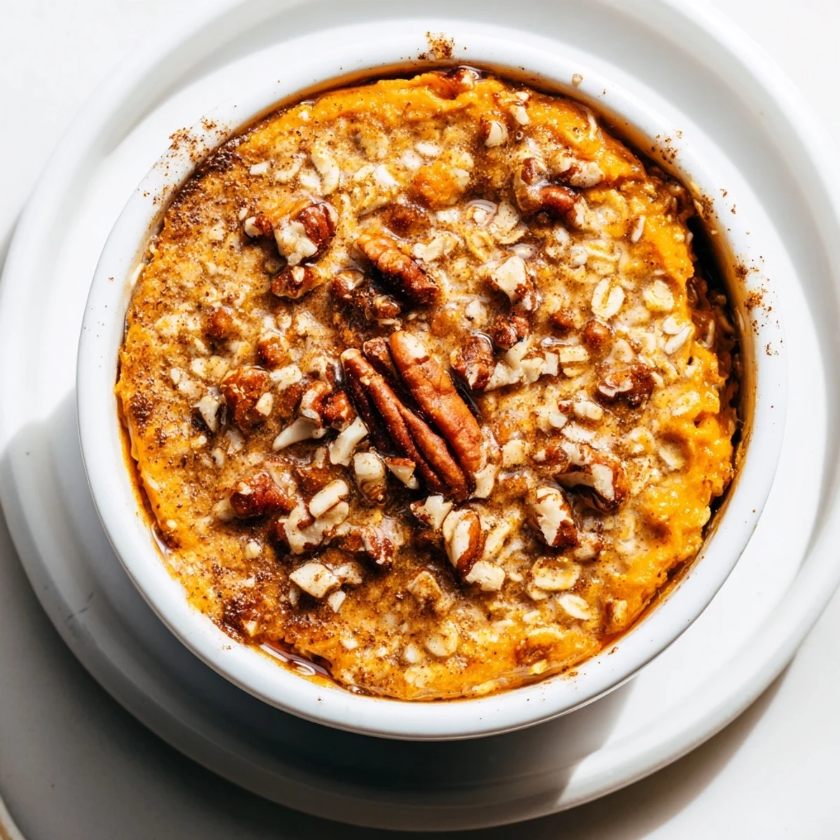 Golden Pumpkin Spice Baked Oats, warm from the oven, with a sprinkle of pecans, perfect for breakfast.