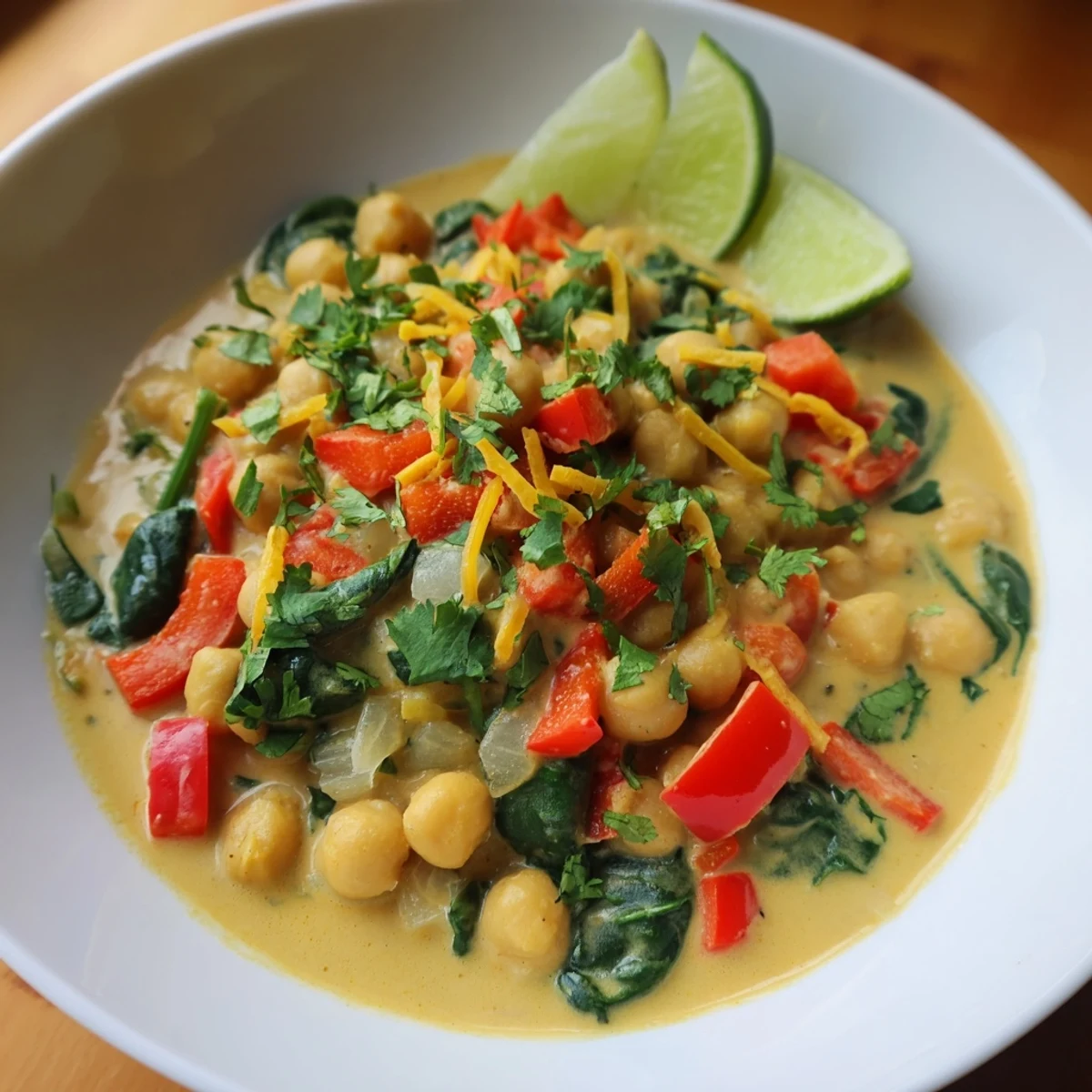 A vibrant one-pot Chickpea Curry with tender vegetables, chickpeas, and creamy coconut milk ready.