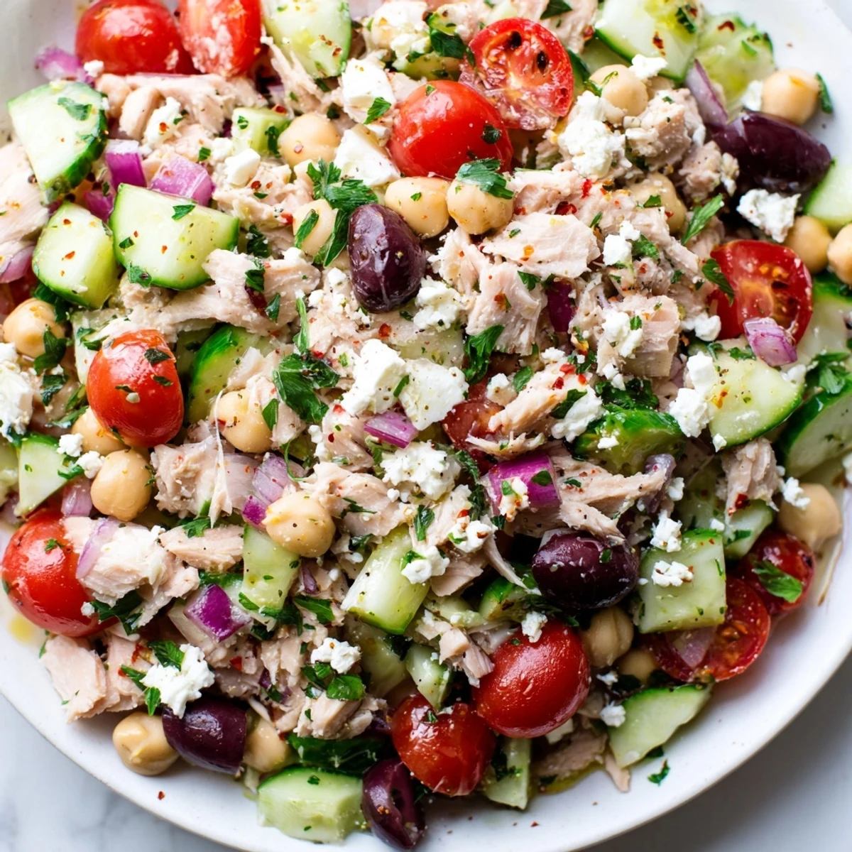 This Tuna Chickpea Salad showcases tender tuna, creamy chickpeas, and crisp vegetables in detail.