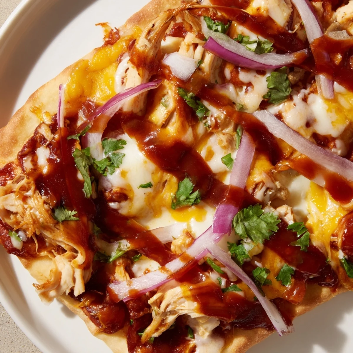 BBQ Chicken Flatbread, a bubbling, cheesy flatbread with flavorful chicken and fresh cilantro.
