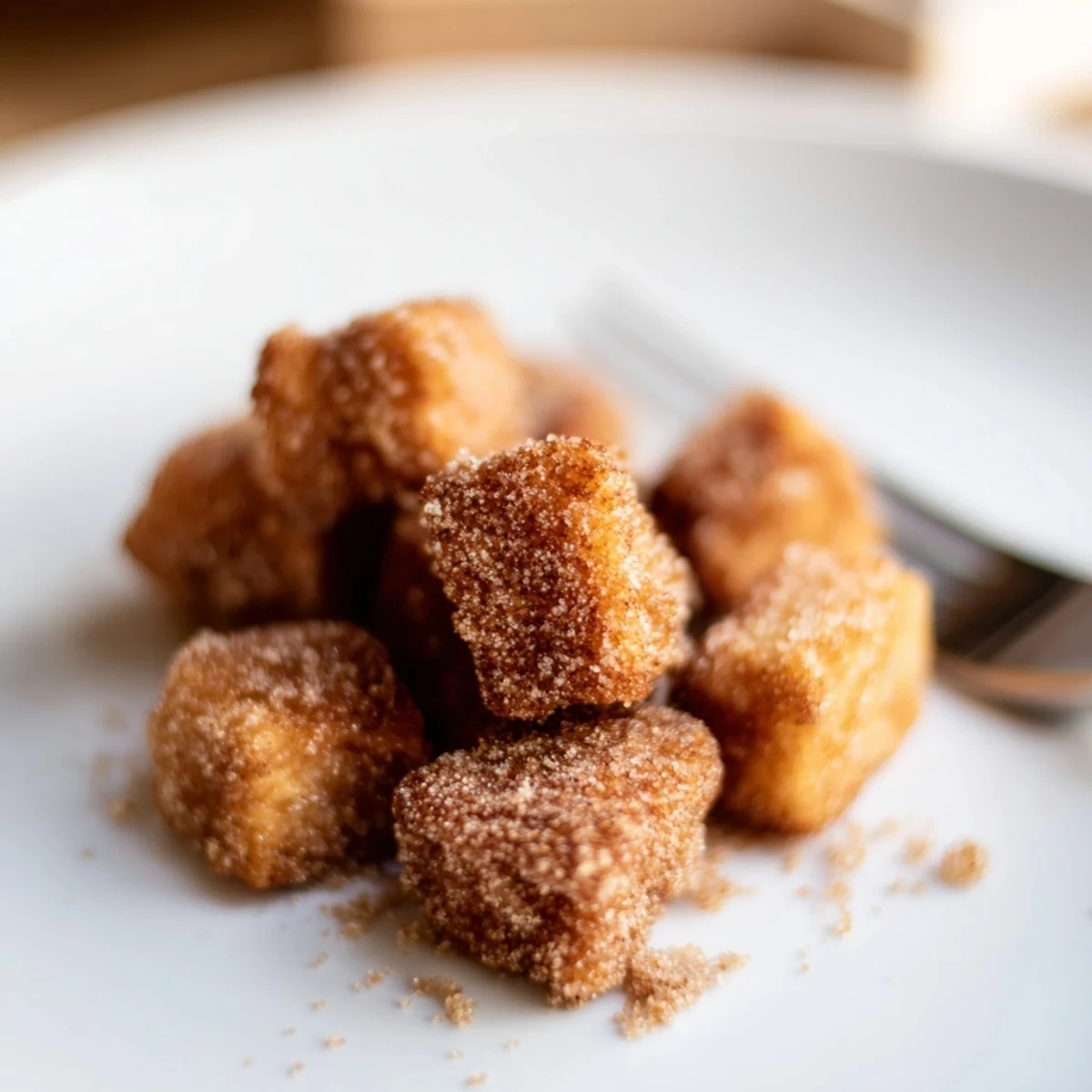 Golden-brown French Toast Cereal, crunchy and bite-sized, ready to be enjoyed with milk and syrup.