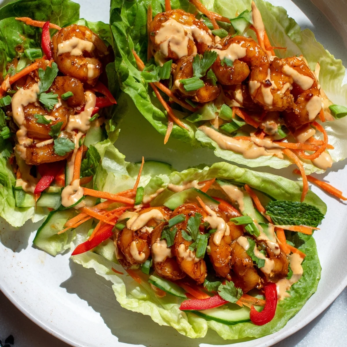 Close-up of delicious shrimp lettuce cups, with spicy shrimp filling crisp lettuce wraps alongside crunchy carrots.