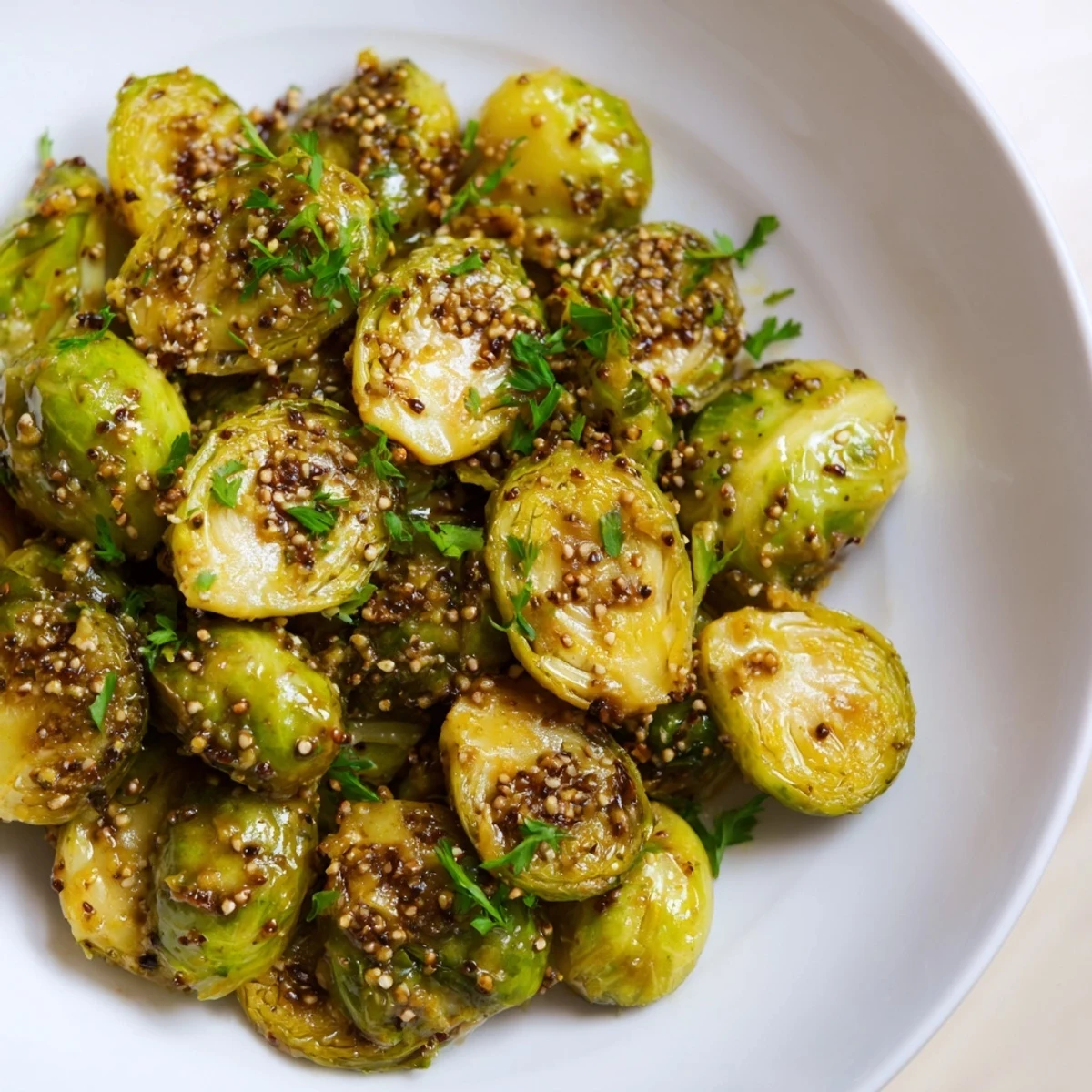 Caramelized Honey Mustard Glazed Brussels Sprouts, glistening with a sweet glaze, ready for serving alongside dinner.