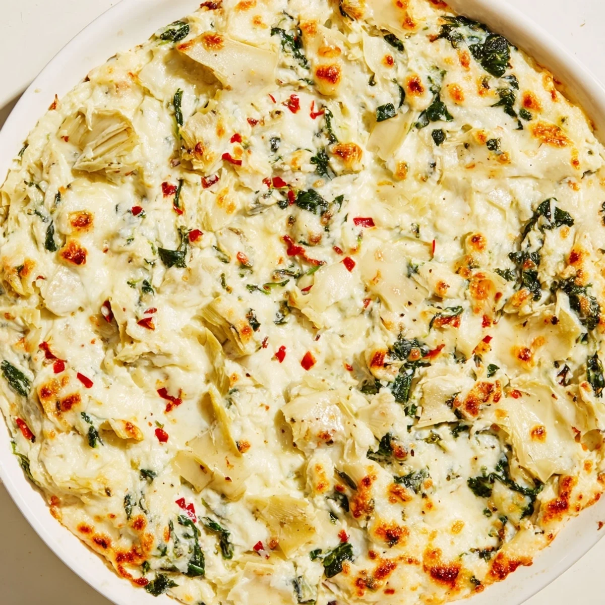 Spinach Artichoke Dip, bubbling and golden, served warm with crisp tortilla chips for dipping.