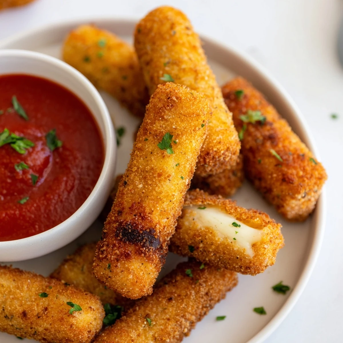 Easy air fryer mozzarella sticks, hot and ready in minutes; ideal appetizer for gatherings.