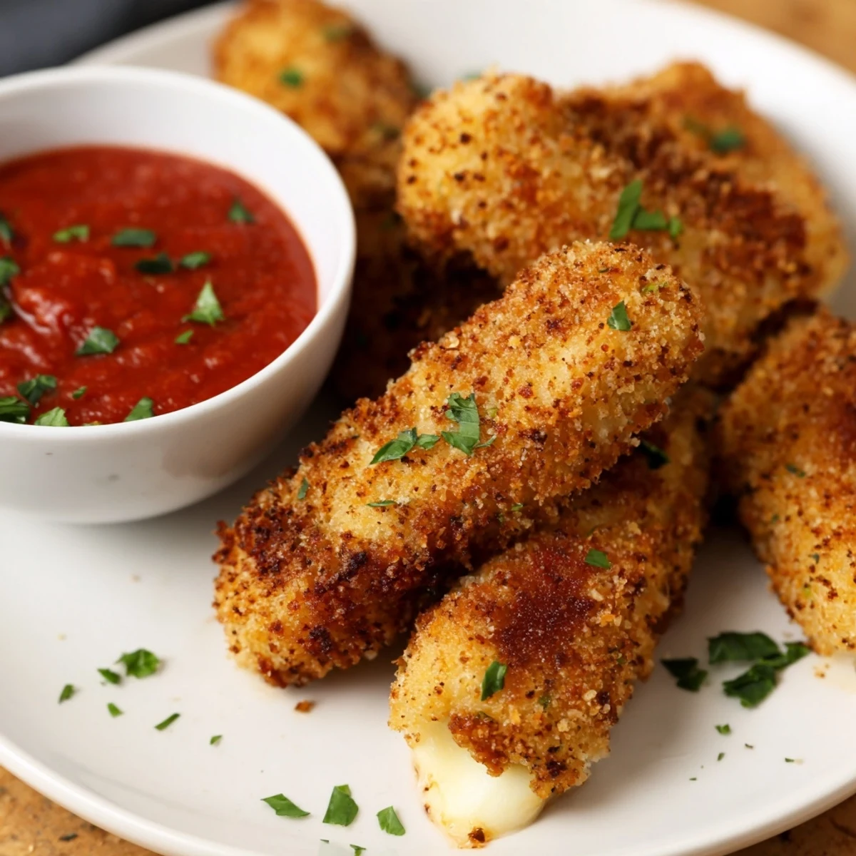 Golden-brown, crispy air fryer mozzarella sticks served with warm marinara, a delicious appetizer.