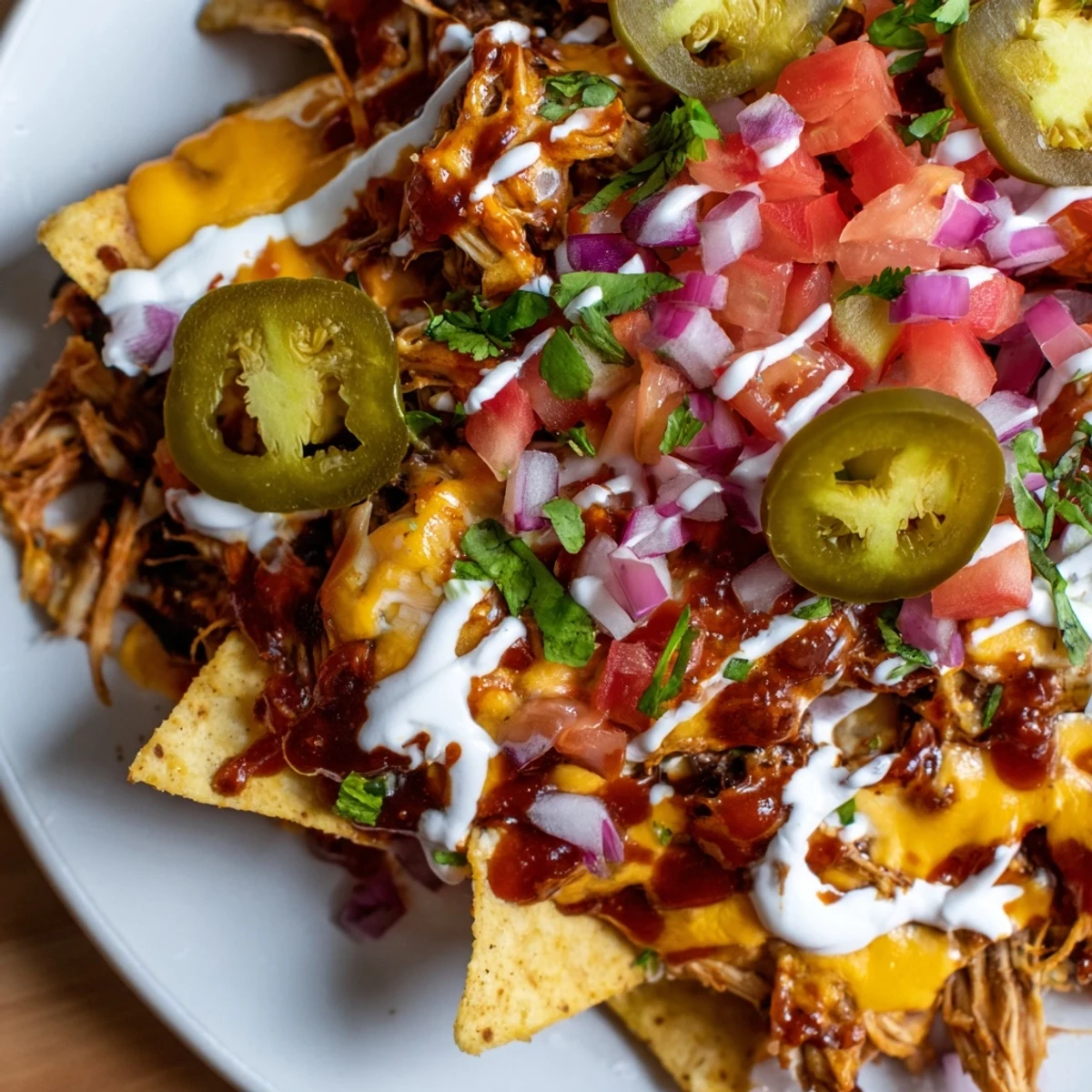 Golden, melty Loaded Nachos with tender pulled pork, dripping queso, and vibrant toppings ready to eat.