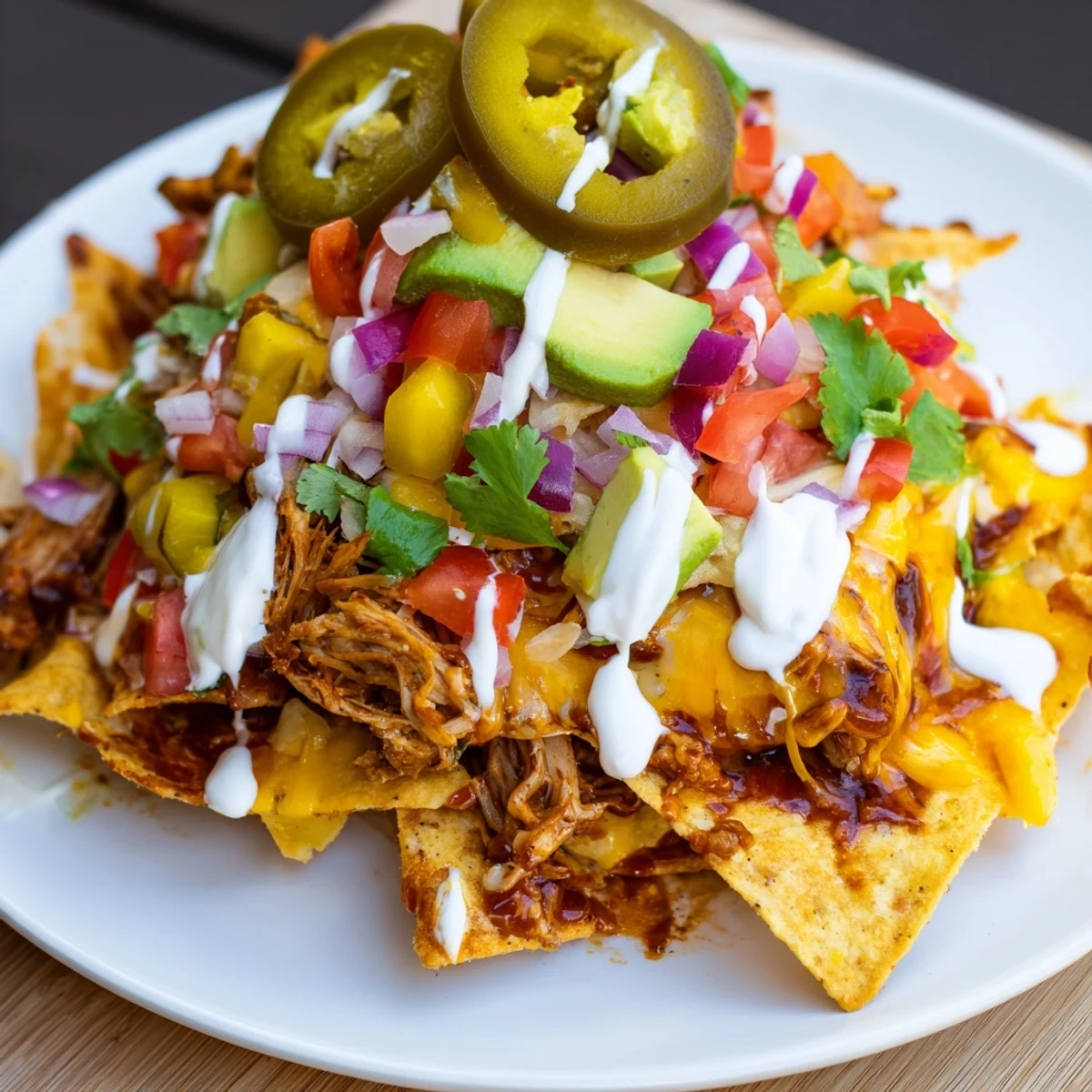 A platter of Loaded Nachos piled high with pulled pork, spicy jalapeños, and creamy cheese, ready to devour!