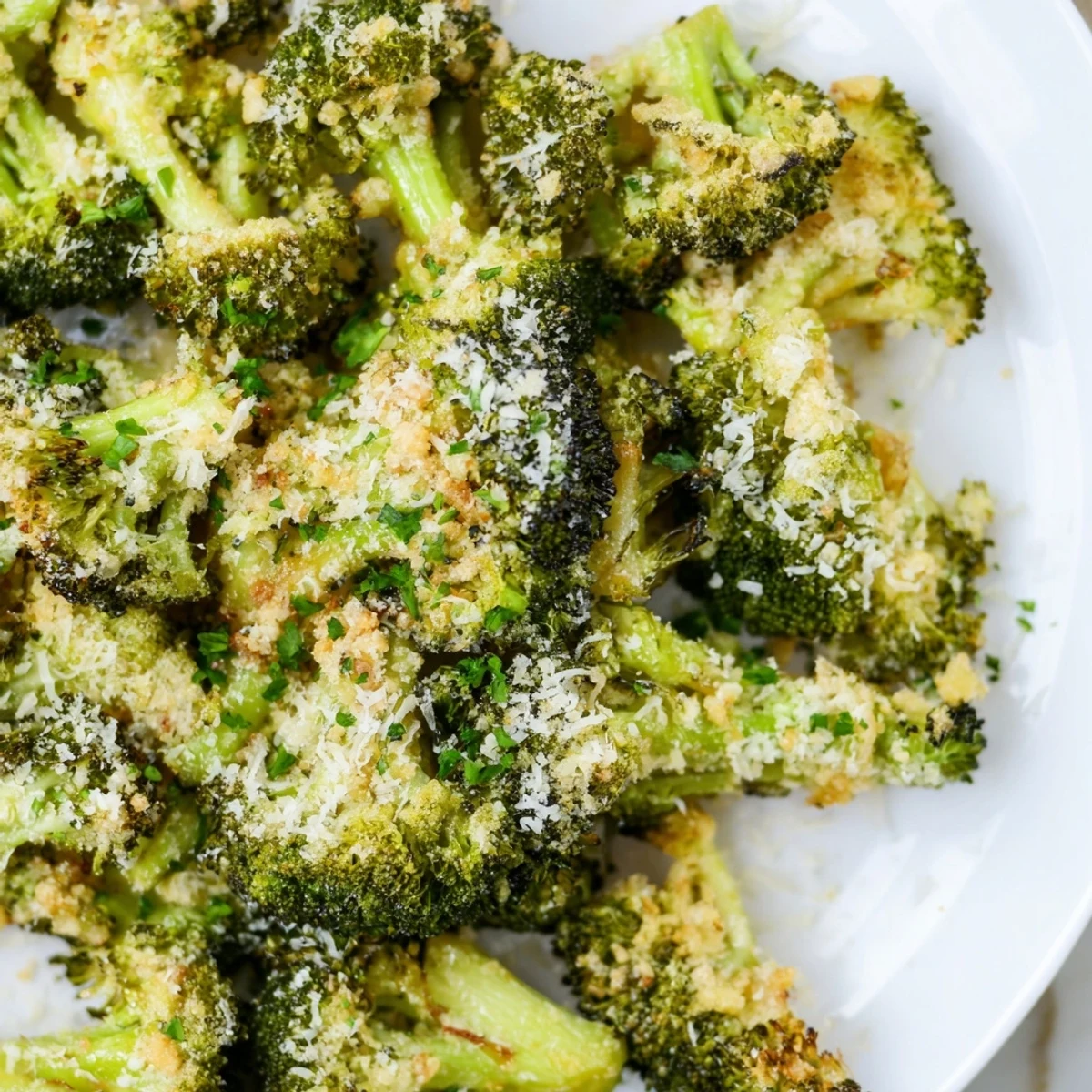 Golden, crispy Garlic Parmesan Roasted Broccoli, ready to serve as a flavorful side dish.