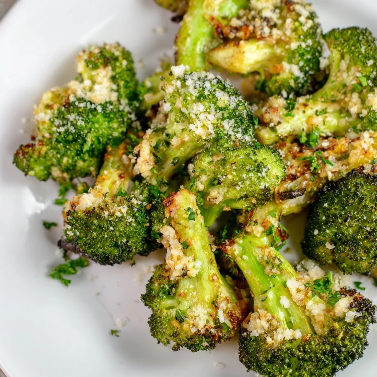 Close-up of Garlic Parmesan Roasted Broccoli, perfectly roasted with a cheesy, garlic aroma.