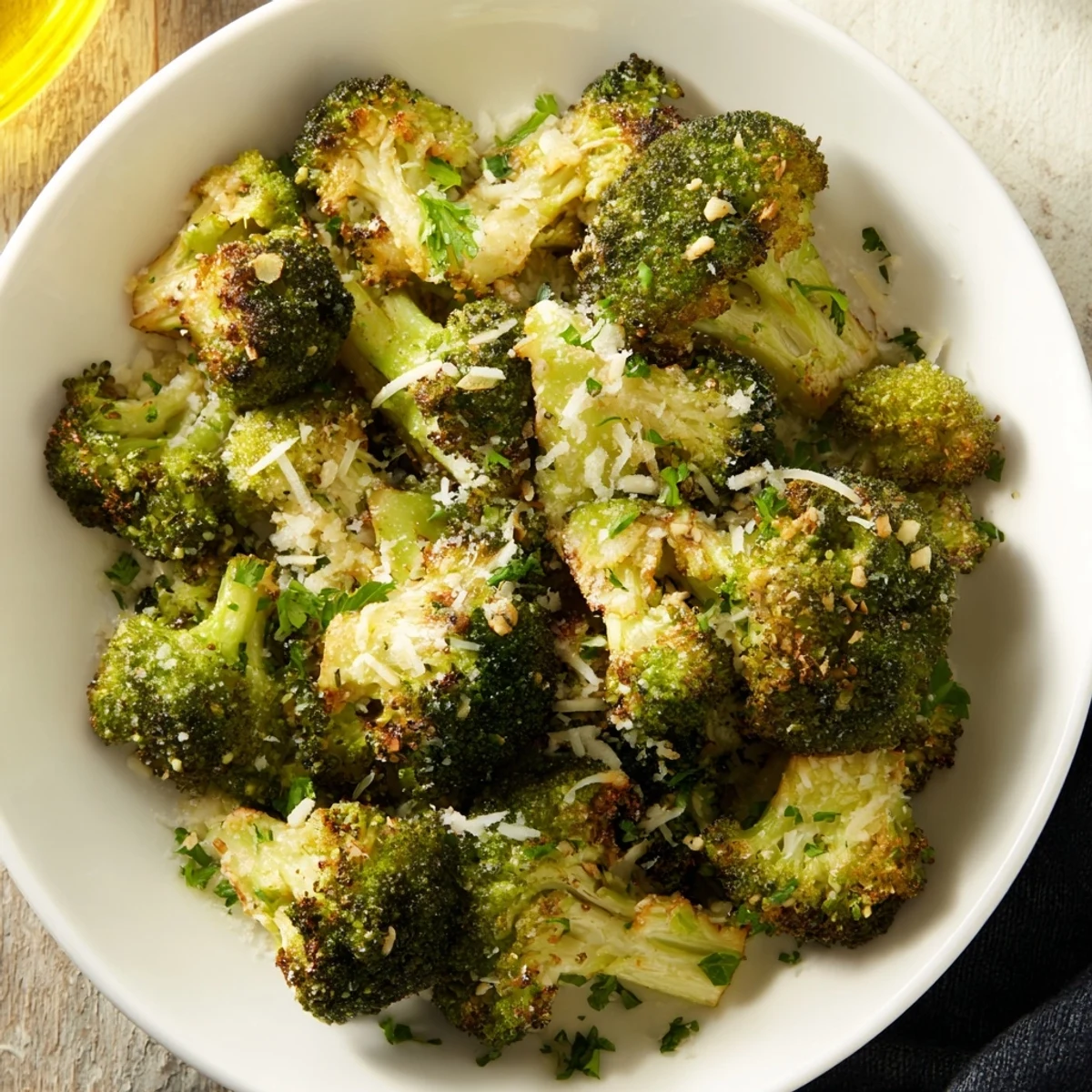 Delicious Garlic Parmesan Roasted Broccoli, sprinkled with fresh parsley and extra Parmesan cheese.