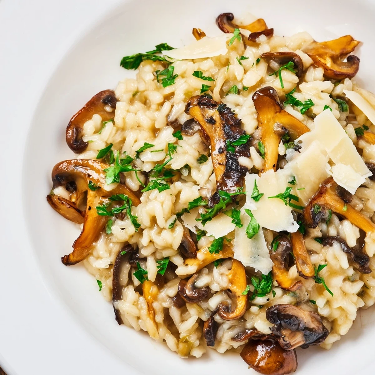 Steaming Italian Mushroom Risotto, creamy and rich, topped with fresh parsley and Parmesan.