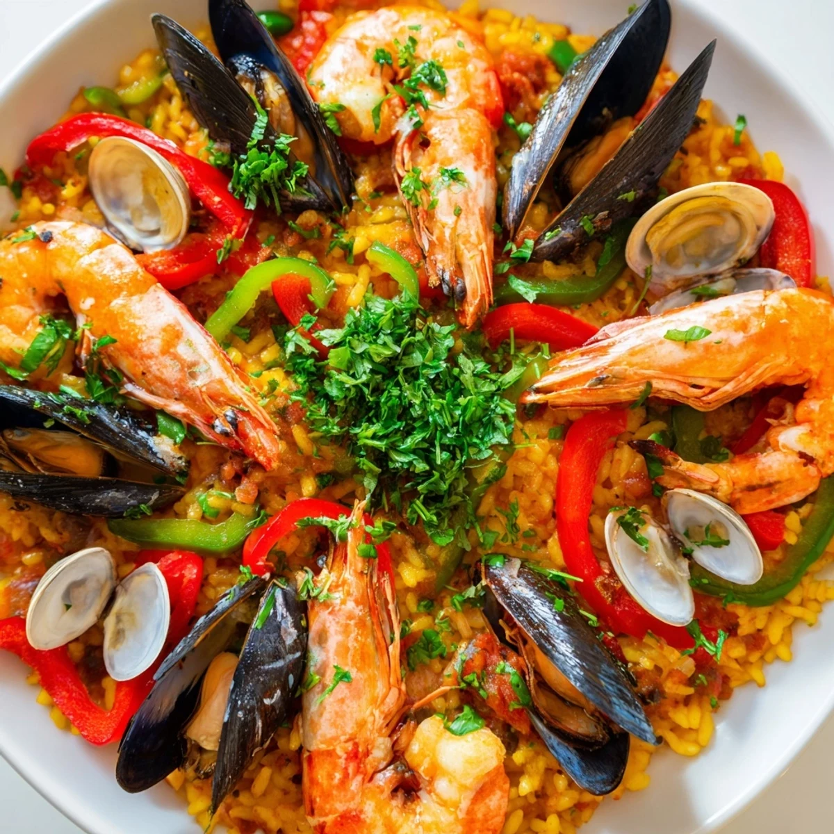 Golden saffron-infused rice in a stunning Spanish Seafood Paella, laden with shrimp and mussels.