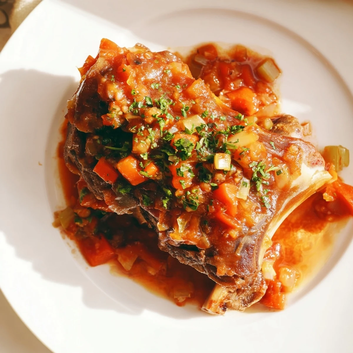 A close-up of slow-braised Osso Buco, the veal shanks glistening in a rich tomato sauce.